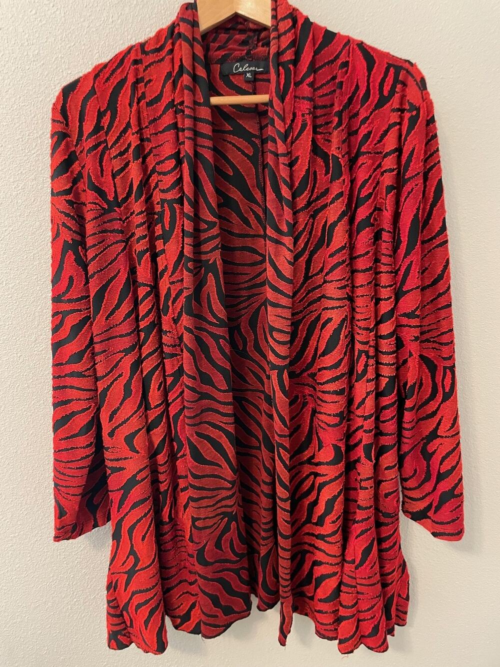 Calessa Cardigan Womens XL Red Black Animal Print Open Front Knit Stretch Artsy